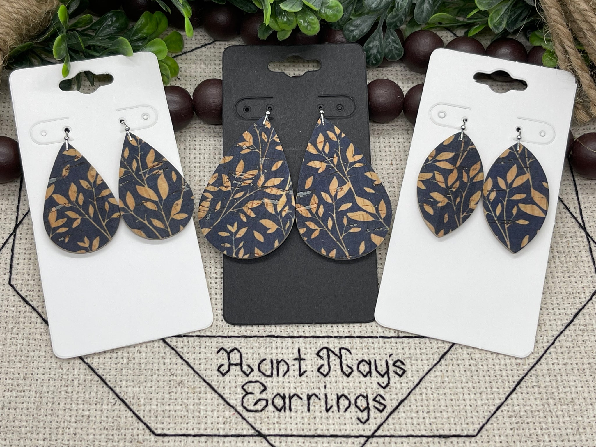 Navy Blue Cork with a Tan Leaf Print on Leather Earrings