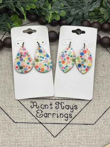 Rainbow Water-color Bubbles on Creamy White Cork on Leather Earrings