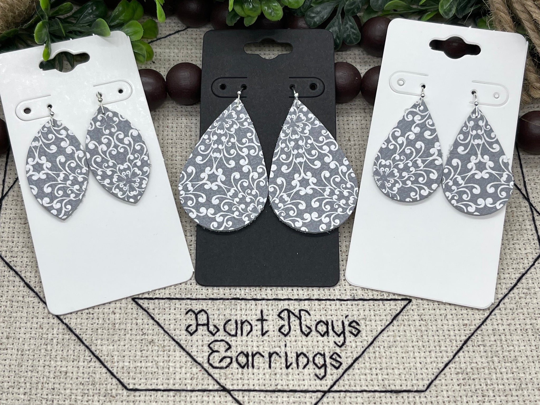 Gray and White Swirly Filigree Print Leather Earrings
