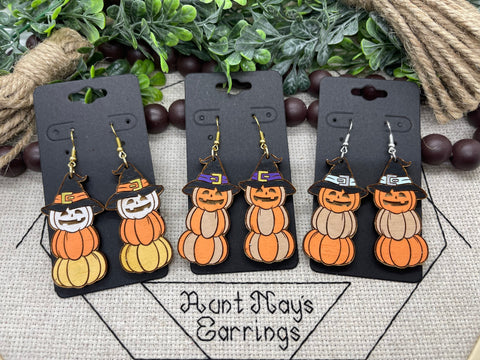 Hand-painted Wood Stacked Pumpkin shaped Earrings