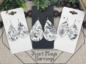 Olive Green Lavender and Gray Flower Print Leather Earrings