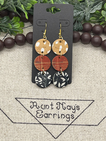 Fall Colored Stacked Circle Cork on Leather Earrings