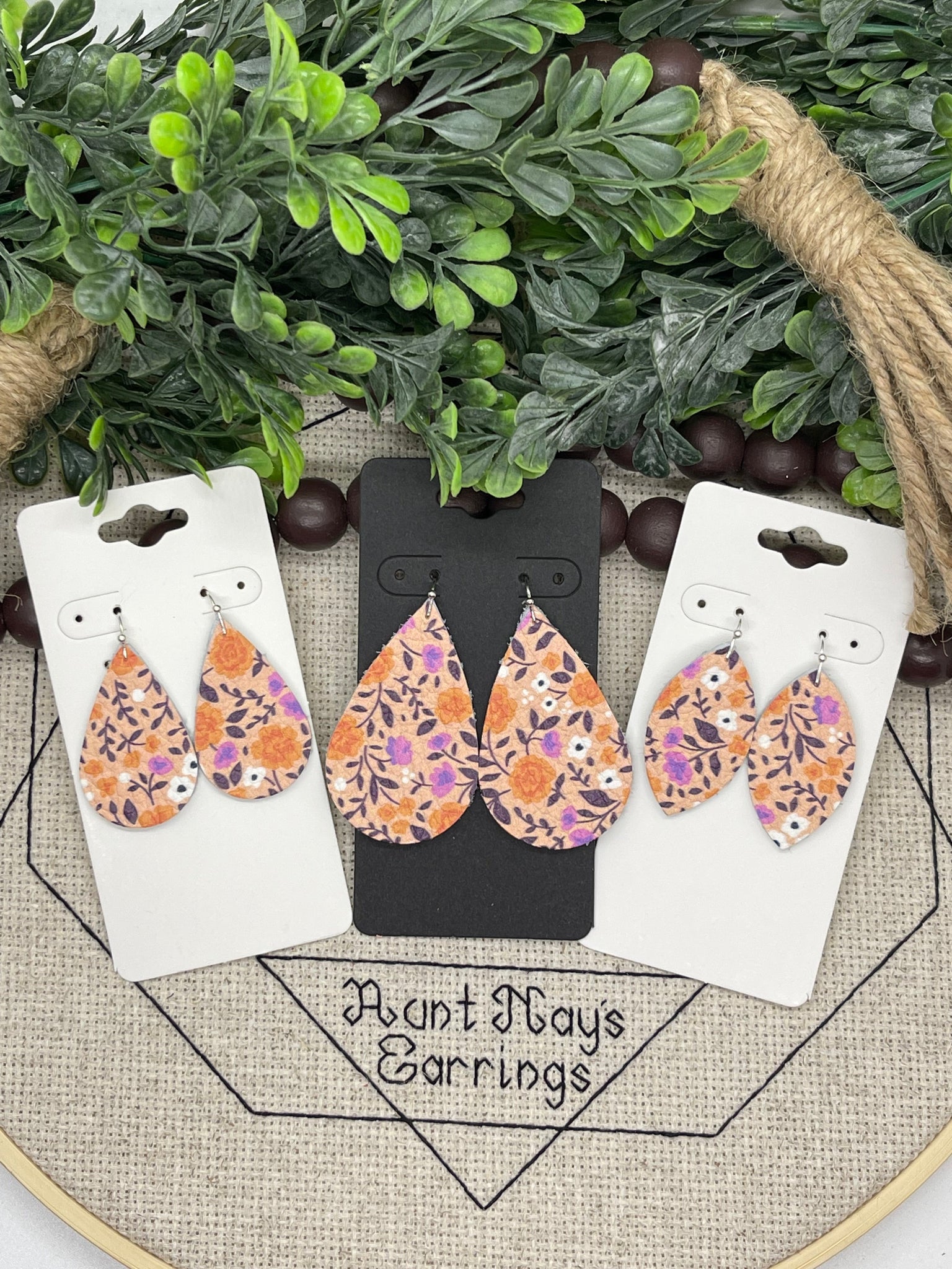 Orange and Purple Floral Print Leather Earrings