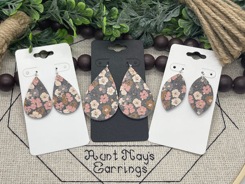 Gray Pink and Tan Flower Print Leather Earrings