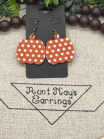 Pumpkin Shaped Orange Leather with White Dots Earrings
