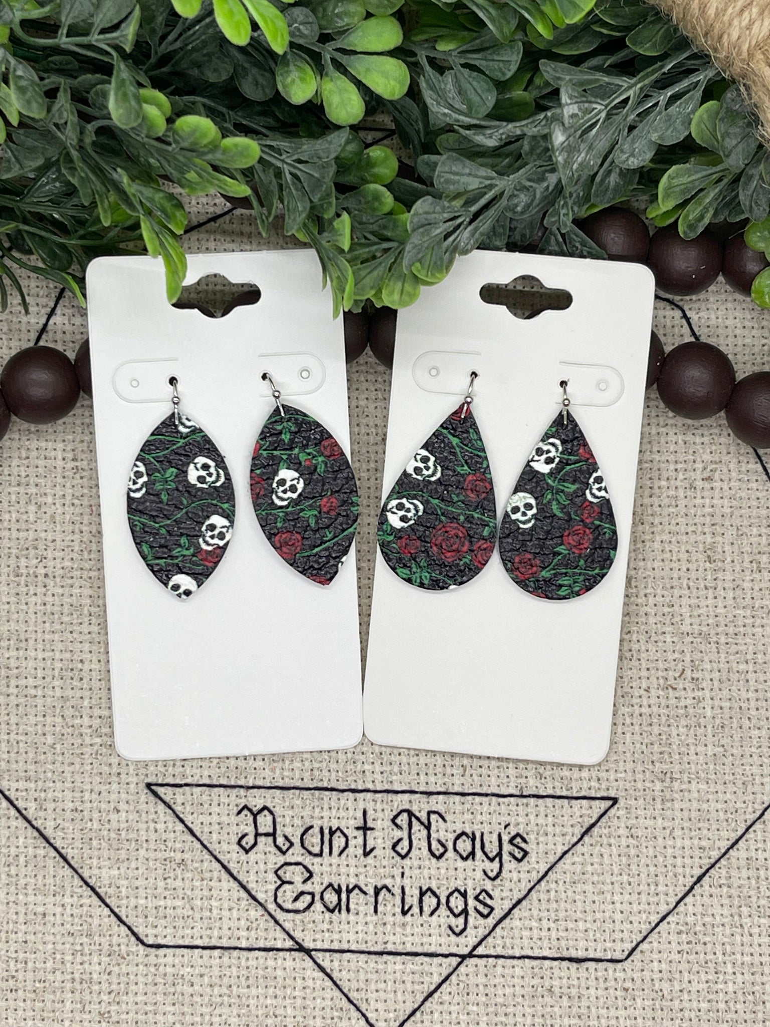 Black Leather with Little Skulls Green Leaves and Red Roses Earrings
