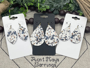 White Leather with a Brown and Navy Blue Leaf Print on Leather Earrings