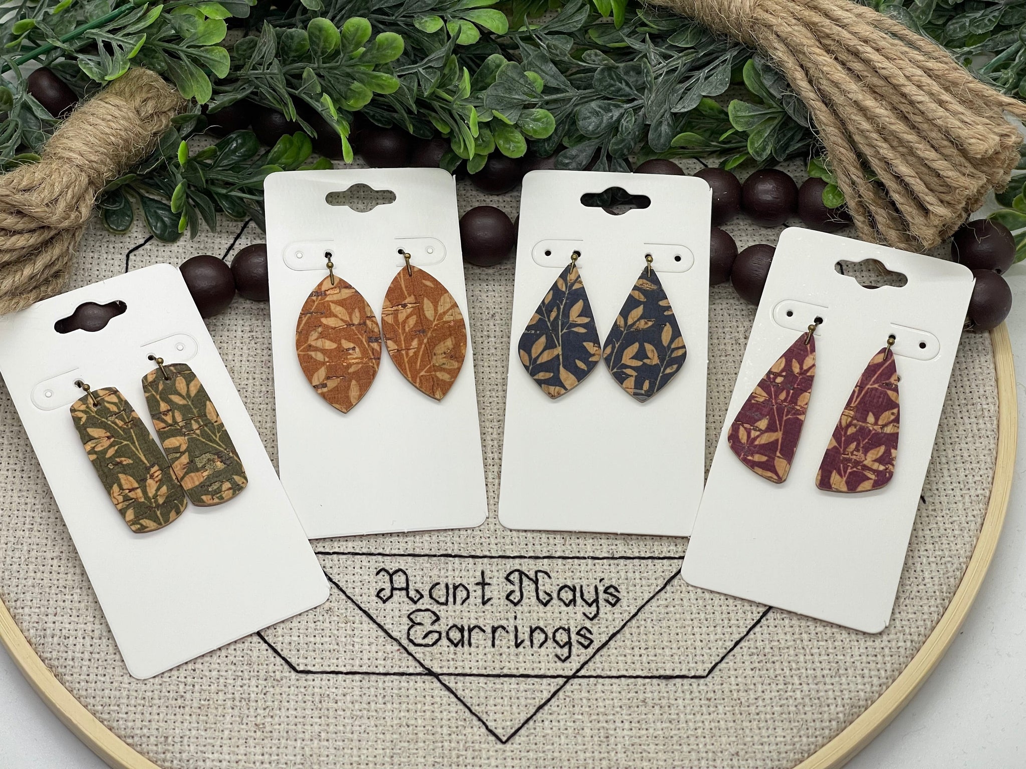 Set of 4 Fall Colored Cork on Leather Earrings - Cork Leaf Prints