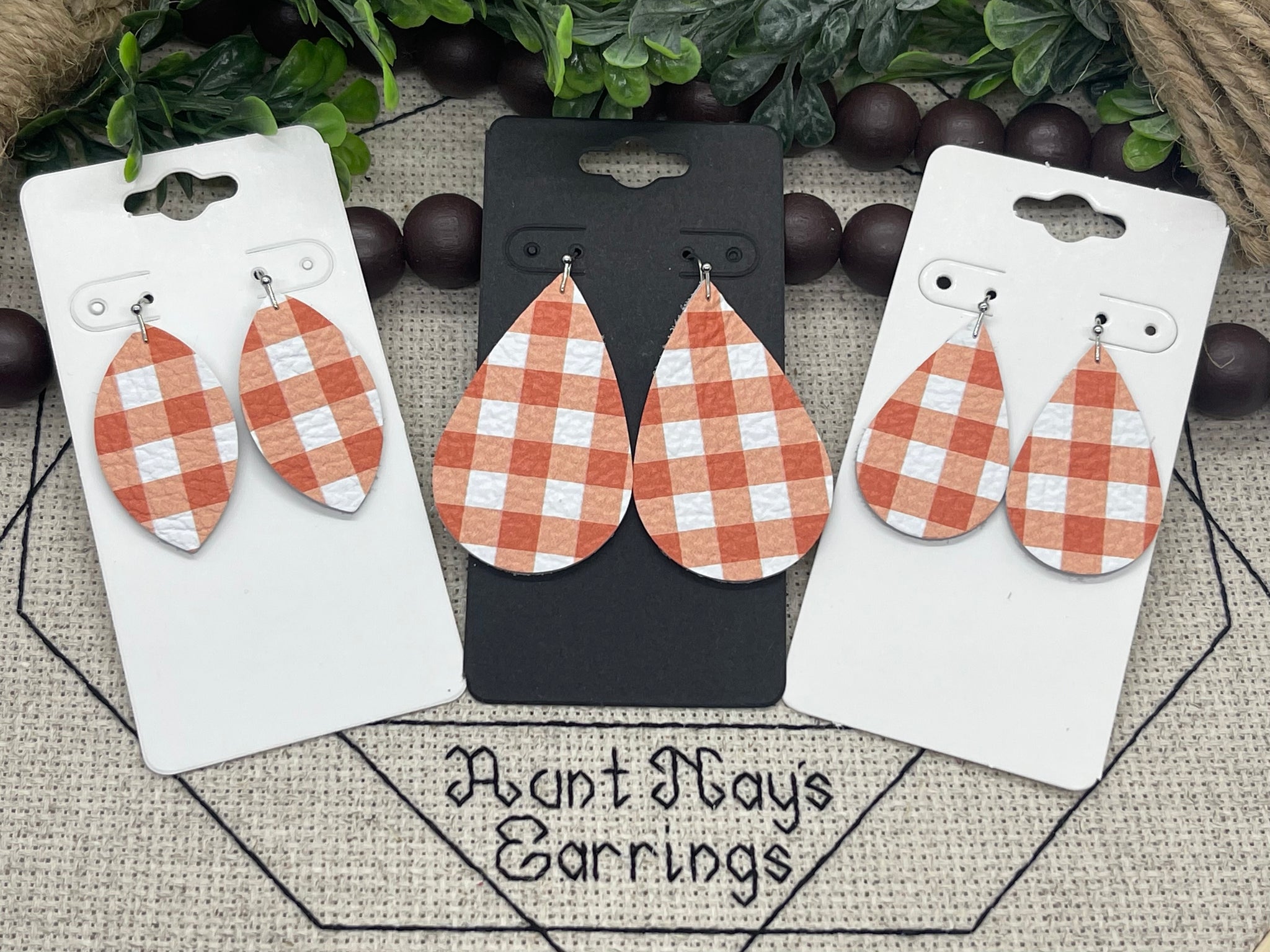 Orange and White Buffalo Plaid Print Leather Earrings