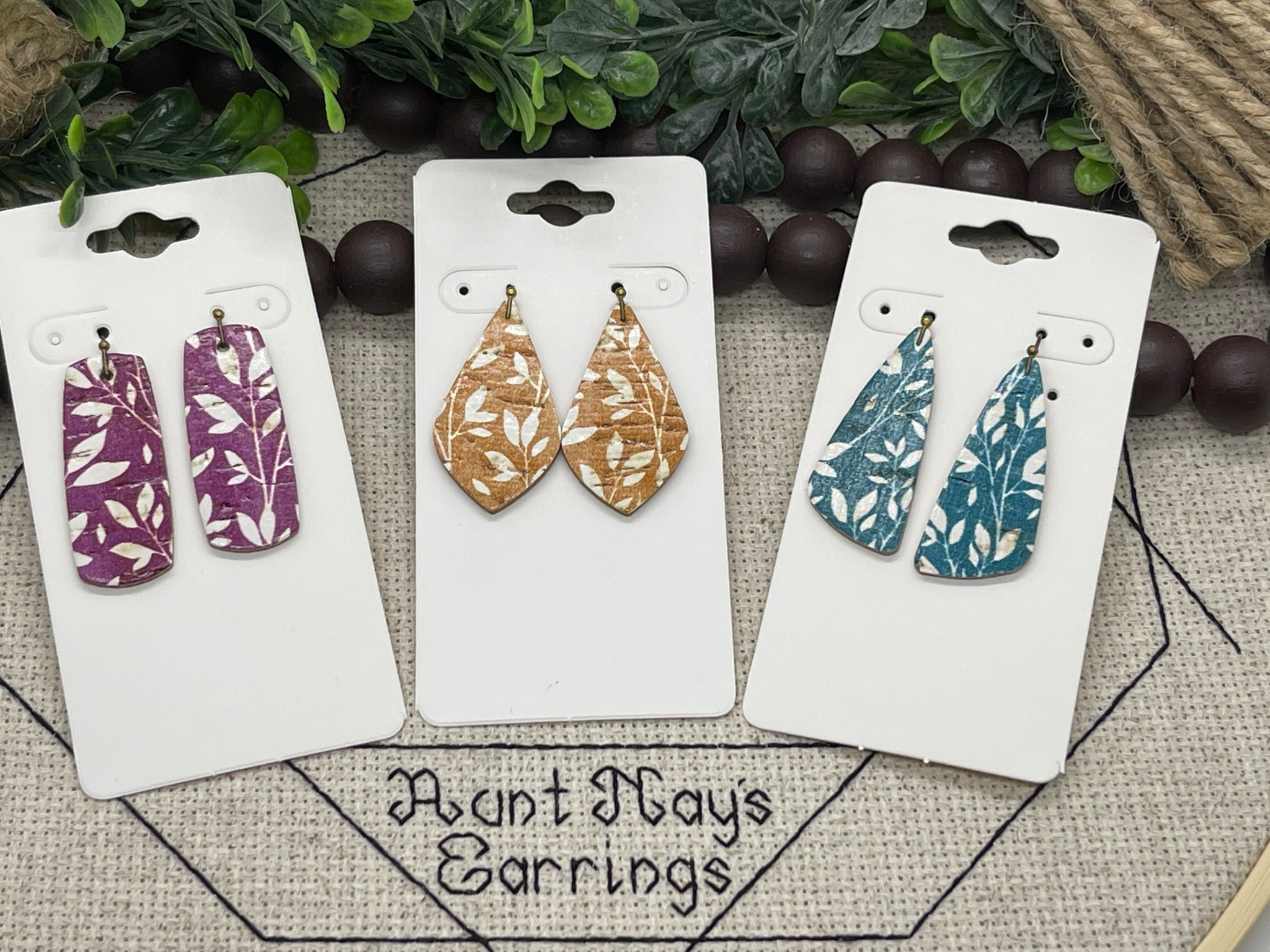 Set of 3 Fall Colored Cork on Leather Earrings - Brights