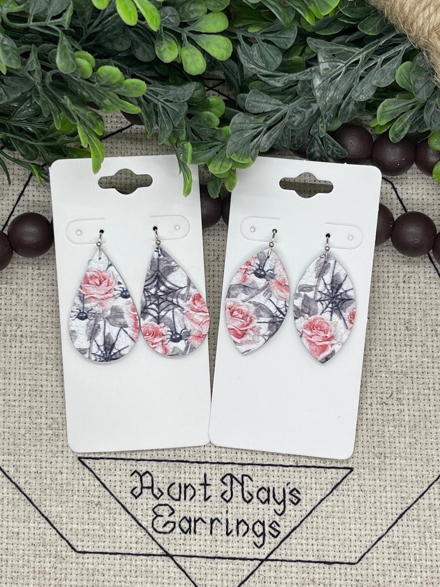 White Leather with Black Webs and Spiders and Pink Roses Earrings
