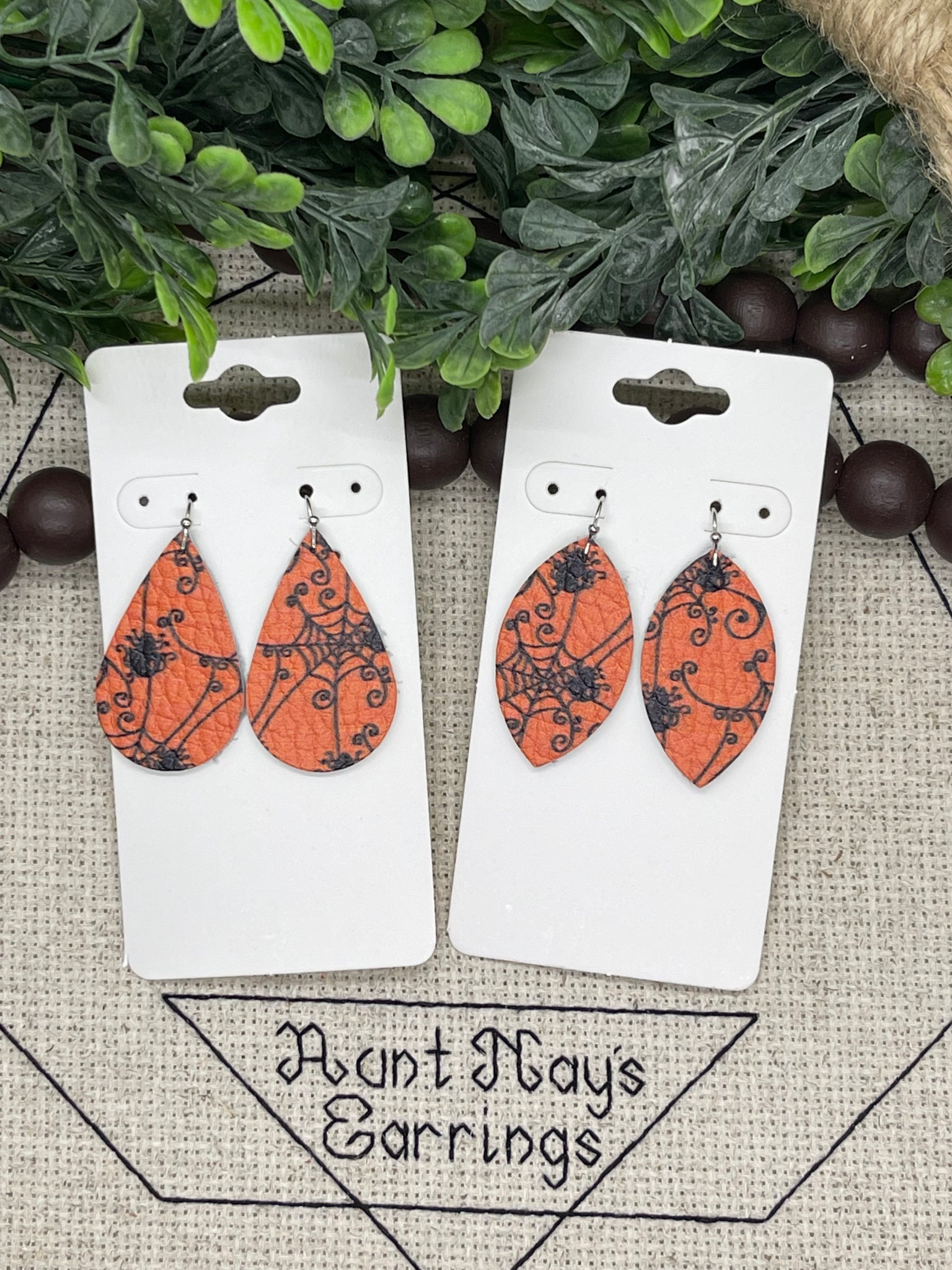 Orange Leather with Black Webs and Spiders Earrings