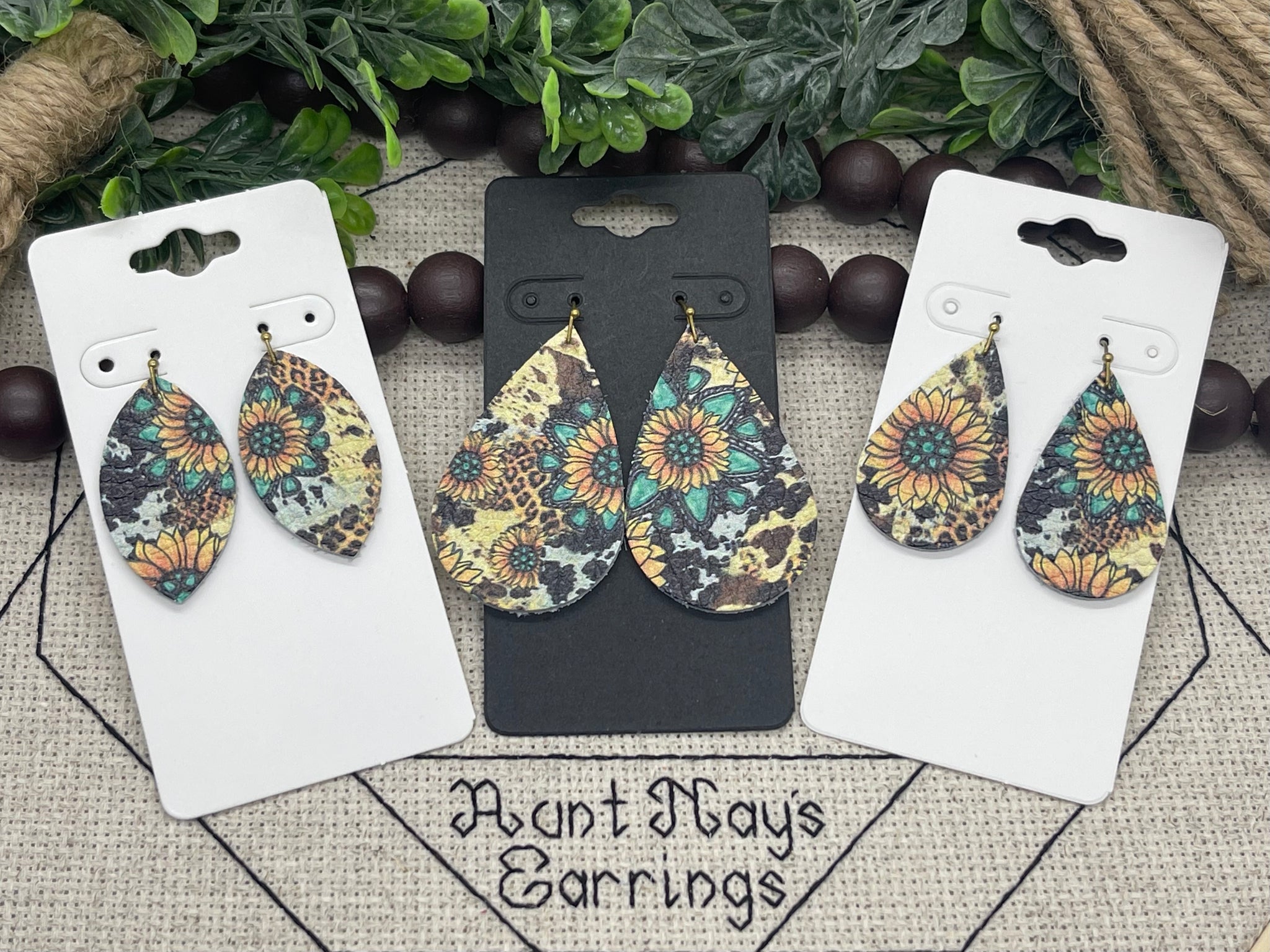 Leopard Turquoise and Sunflower Print Leather Earrings