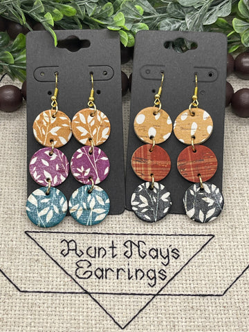 Fall Colored Stacked Circle Cork on Leather Earrings
