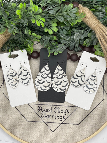 White Cork with Black Bats Printed Earrings
