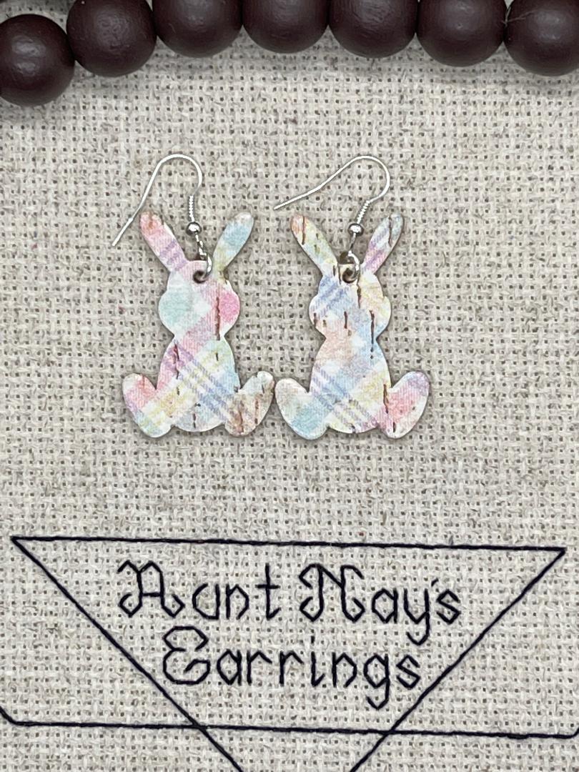 Easter Spring Pastel Plaid Bunny Shaped Cork on Leather Earrings