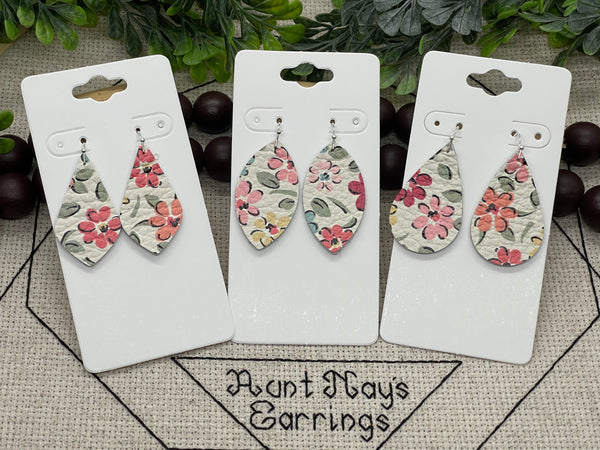 Cream Leather with a Spring Pastel Floral Print Earrings