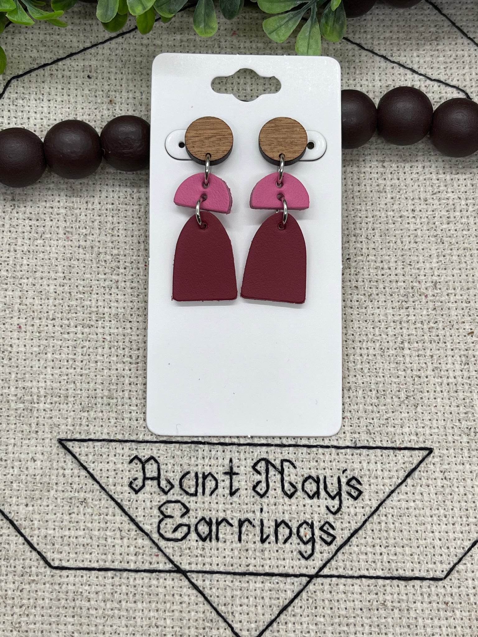 Pink and Rose Red Leather Dangling on a Wood Stud Earrings