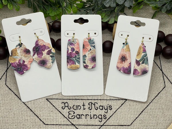 Bold Plum and Teal Floral Print on Cream Leather Earrings