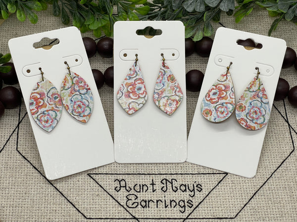 Rainbow Colored Flowers on White Cork on Leather Earrings