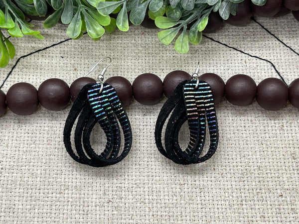 Iridescent Metallic Striped Black Suede Leather Earrings