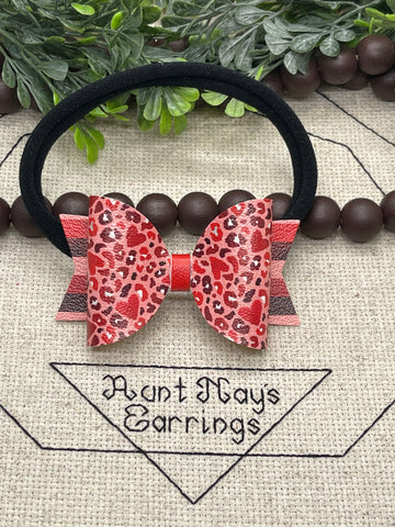 Red Leopard Heart print faux leather hair bow