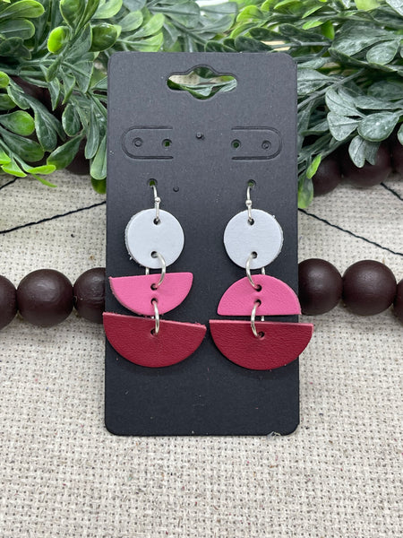 White Pink and Rose Red Stacked Circles Leather Earrings