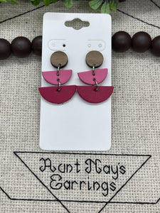 Pink and Dark Pink Half Circles on a Wood Stud Earrings